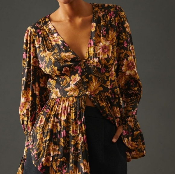 Anthropologie Silky Deep V-Neck Floral Print Tunic Top - Picture 2 of 16